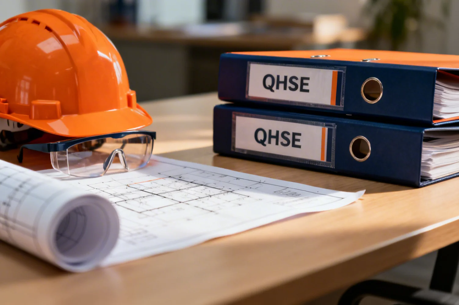 Bureau de consultant QHSE avec documents et équipements de sécurité