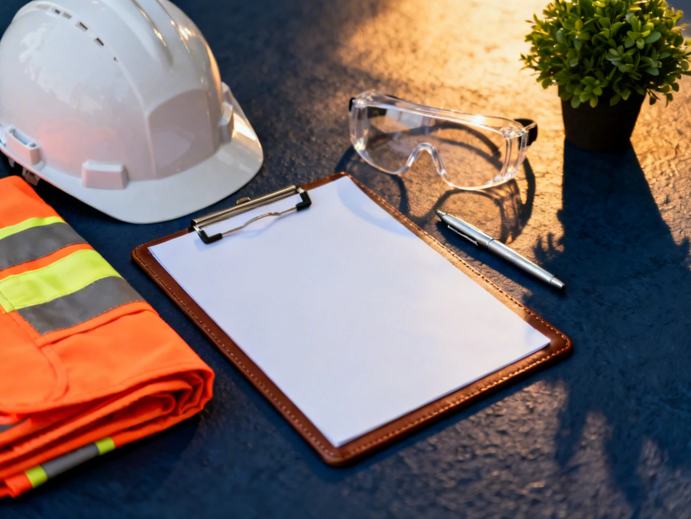 Équipement de sécurité QHSE — casque, lunettes de protection, gilet haute visibilité