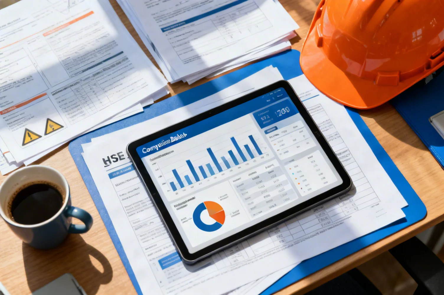 Bureau professionnel avec tablette affichant un dashboard conformité