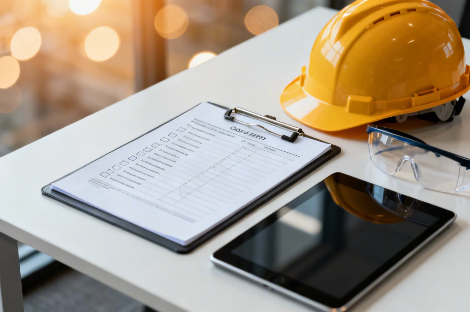 Préparation diagnostic QHSE — documents, casque et tablette sur bureau