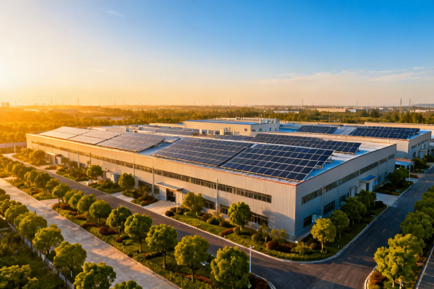 Installation industrielle moderne avec panneaux solaires et végétation environnante