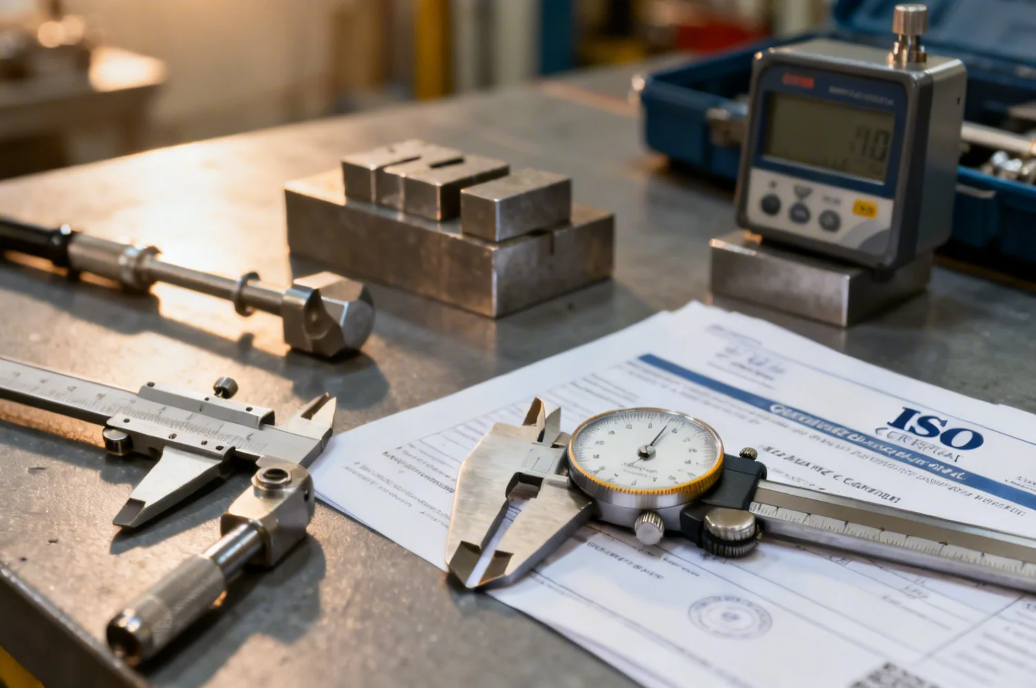 Instruments de mesure et contrôle qualité sur un plan de travail industriel